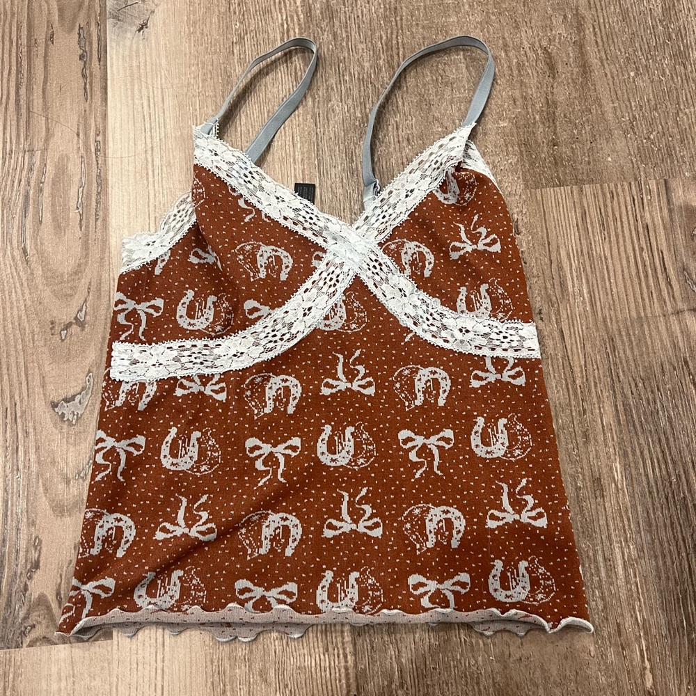 Urban Outfitters Brown and White Lace Trim Cami Top